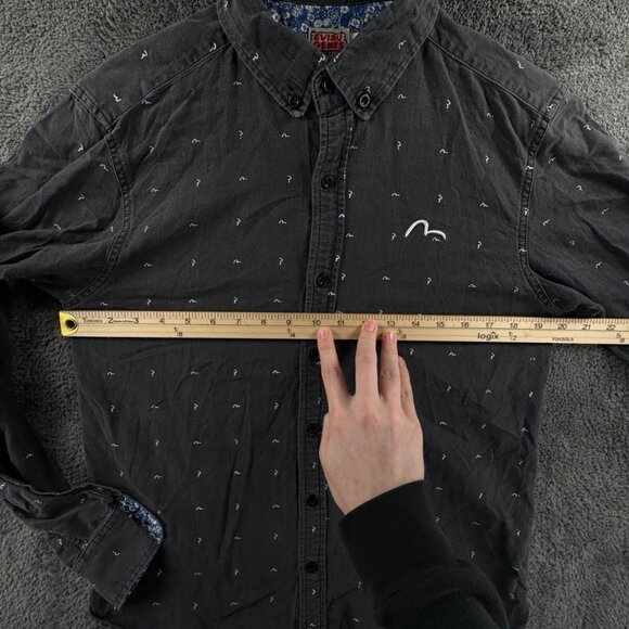 EVISU Genes Dark Gray Medium Long Sleeve Button Up Shirt AOP Logo Print Cotton - Picture 4 of 14